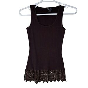L8er Clothing Layer Tank Top Women Medium Brown Ribbed Lace Sequin Brown Y2K